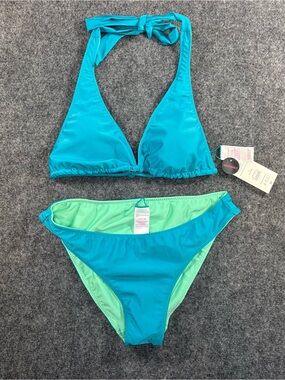 NWT No Boundaries Women’s Large Teal Aqua Reversible Halter Triangle Bikini Set